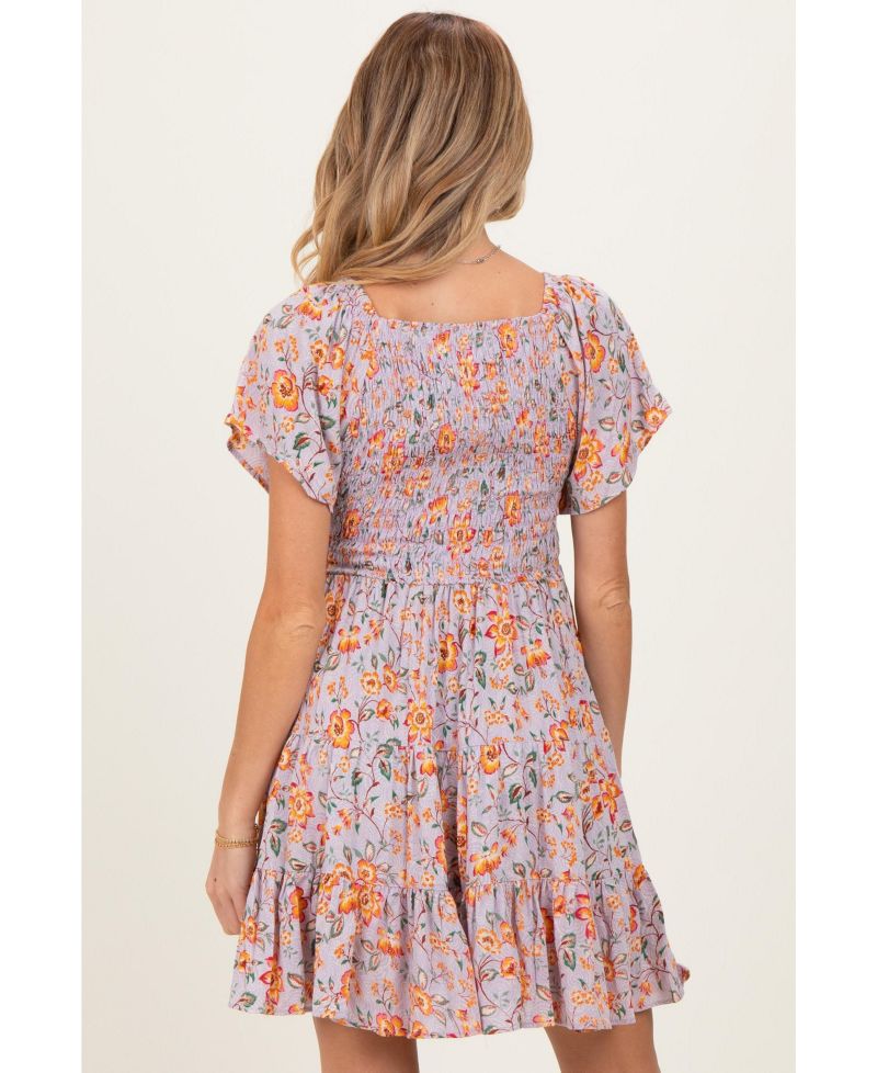 Women's Lavender V Neck Smocked Bodice Floral Print Dress