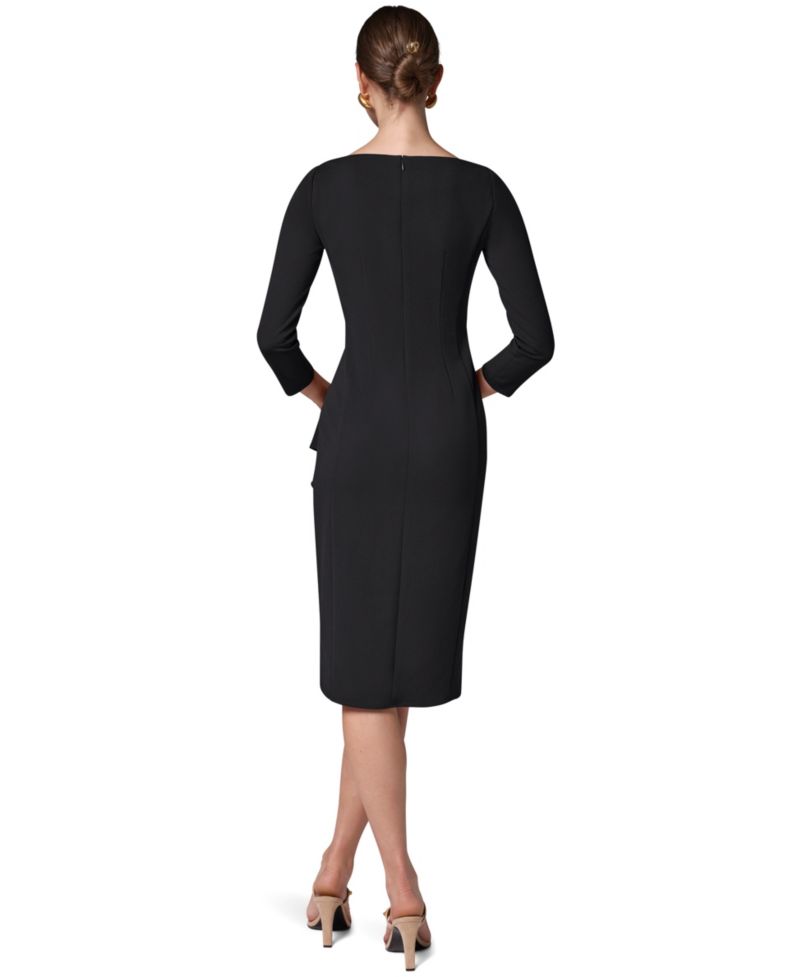 Petite Long-Sleeve Boat-Neck Side Cascade Ruffle Dress