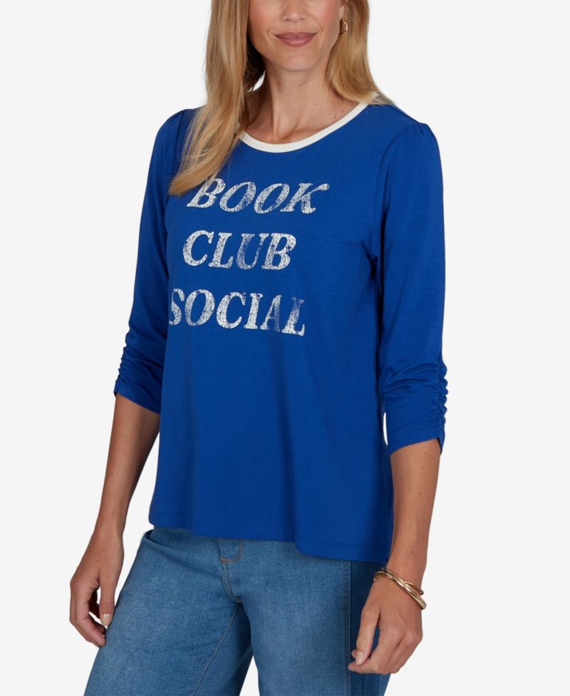 Petite Book Club 3/4-Sleeve Graphic-Print Top