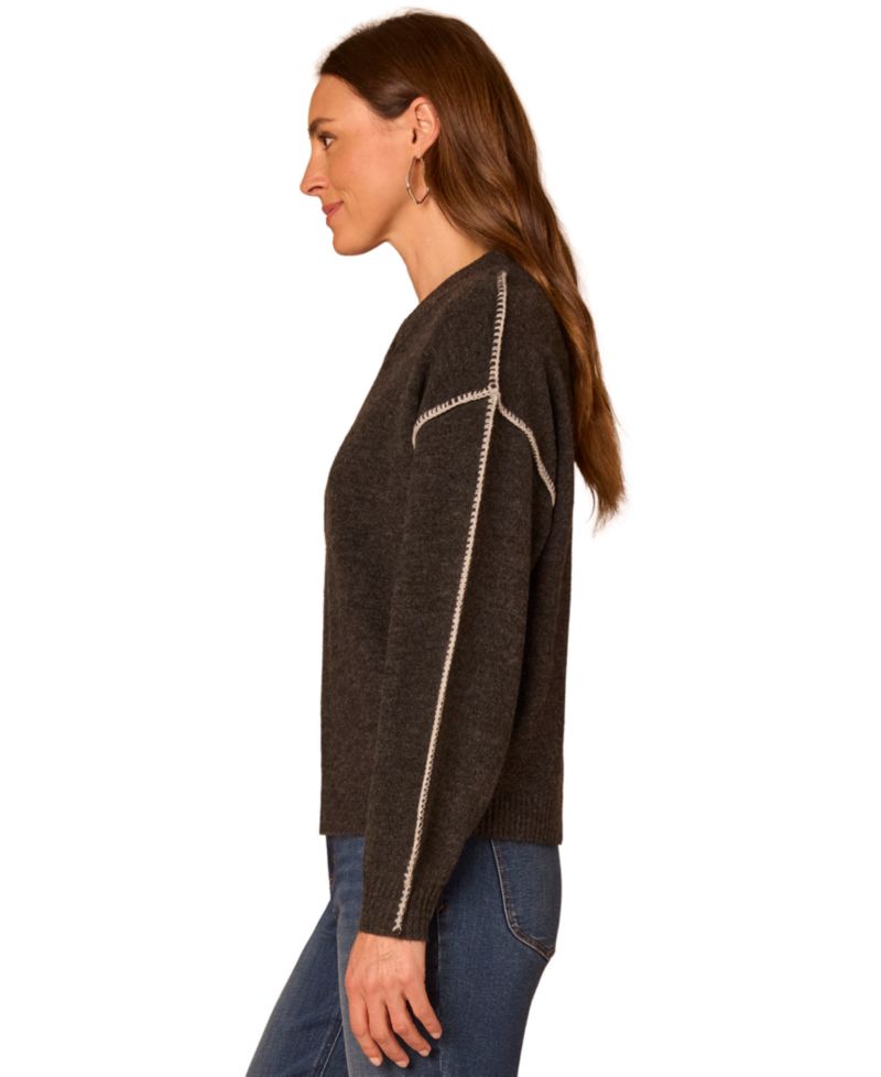 Petite Whip-Stitch Long-Blouson Sleeves V-Neck Pullover Sweater