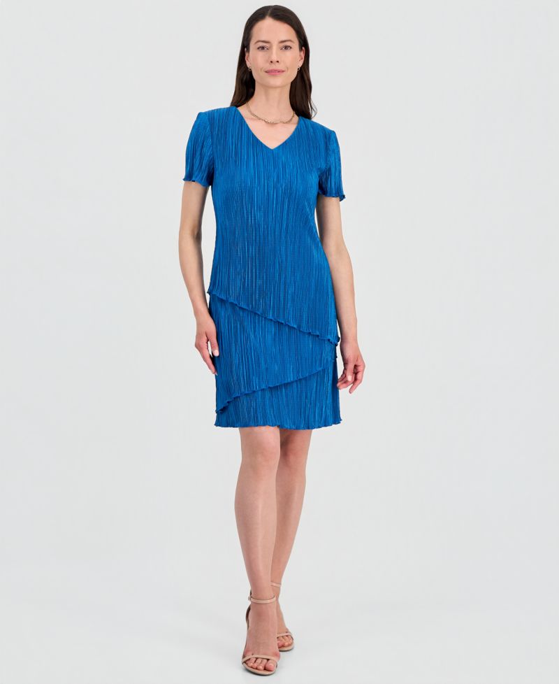 Petite V-Neck Tiered Short-Sleeve Sheath Dress