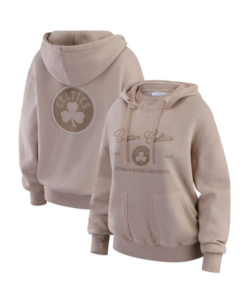 Women's Tan Boston Celtics Washed Pullover Crew Neck Hoodie