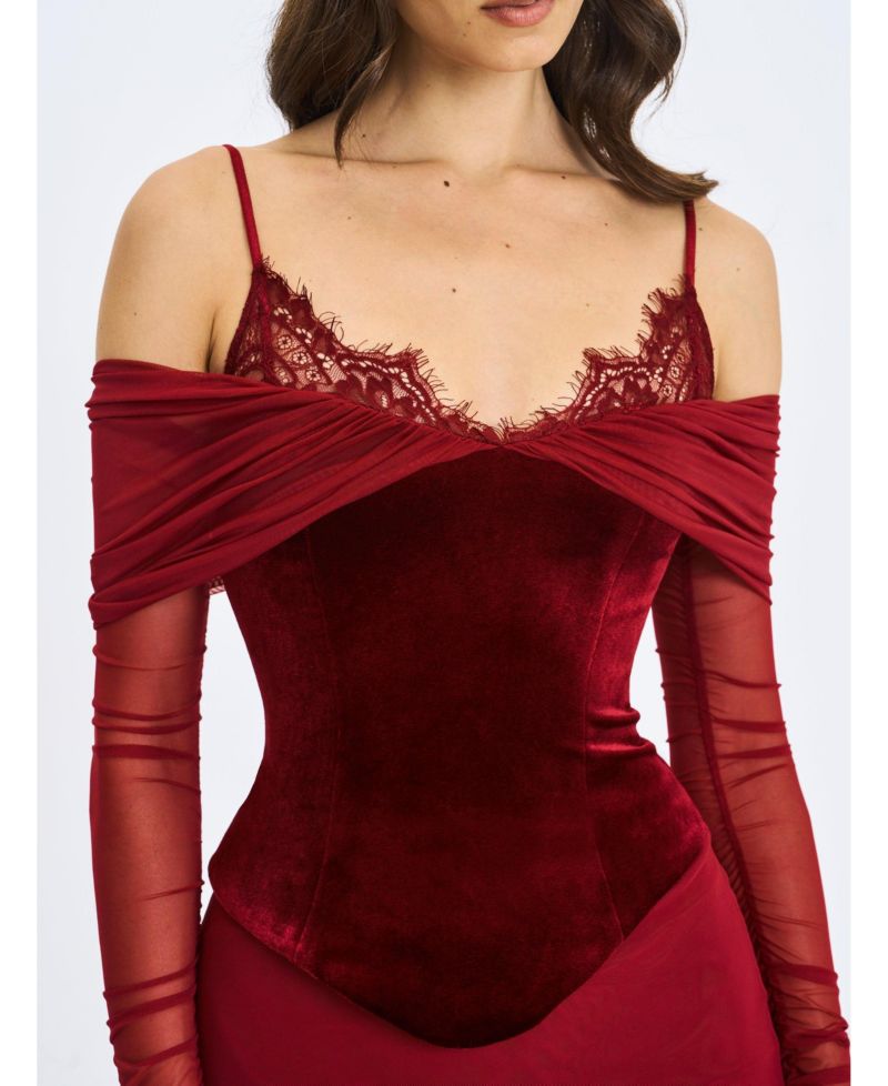 Women's Maybelle Magenta Bardot Lace Strap Peplum Maxi Dress