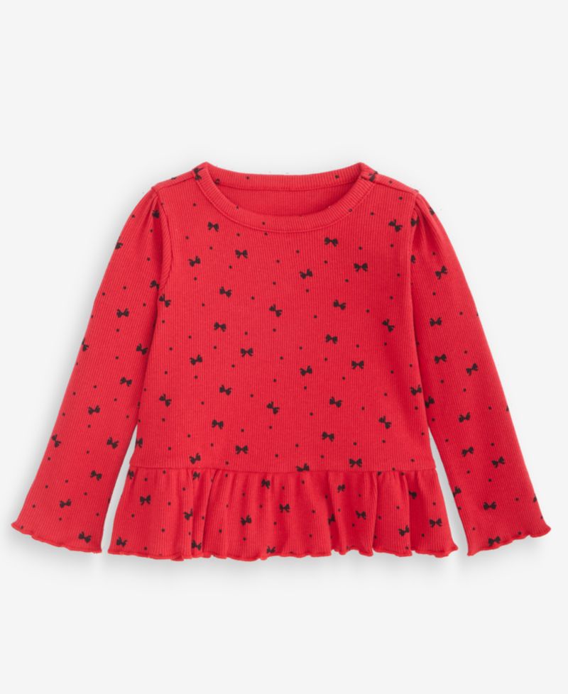 Baby Girls' 3M-24M Mix & Match Long-Sleeve Bow-Print Peplum Ribbed Top
