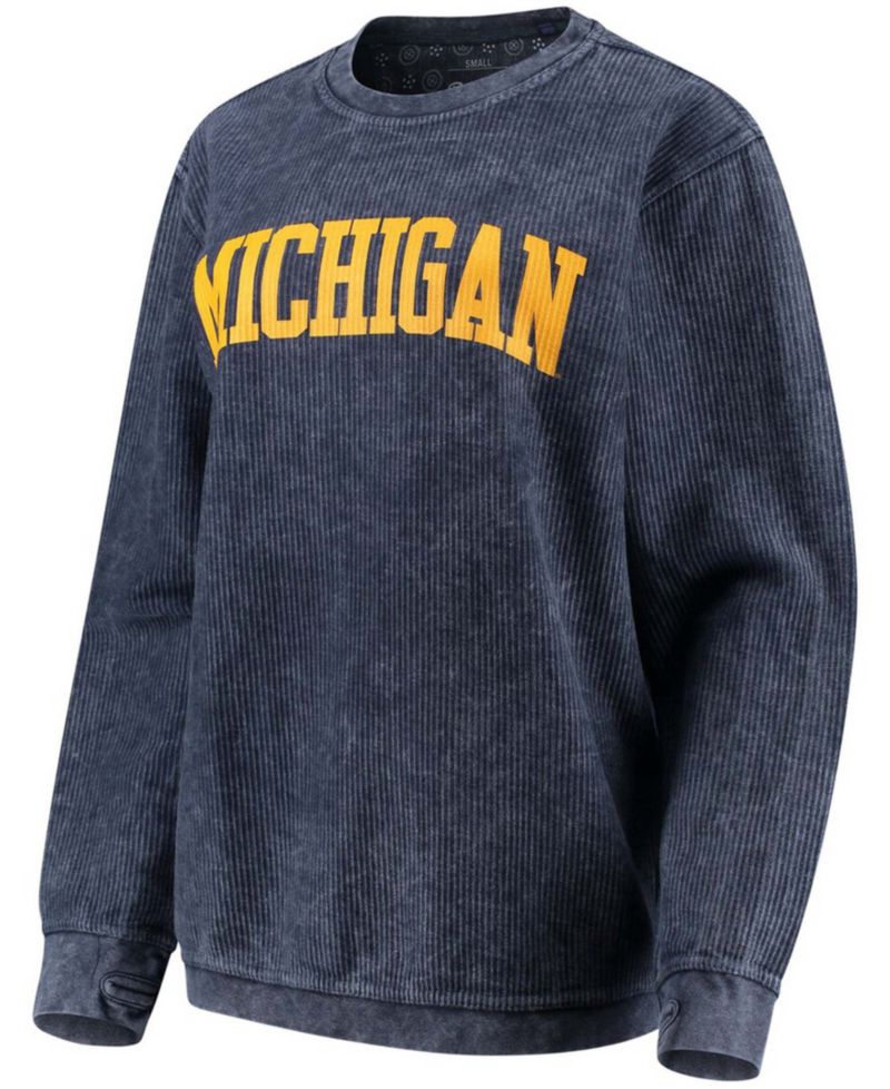 Women's Navy Michigan Wolverines Comfy Cord Vintage-Like Wash Basic Arch Pullover Sweatshirt