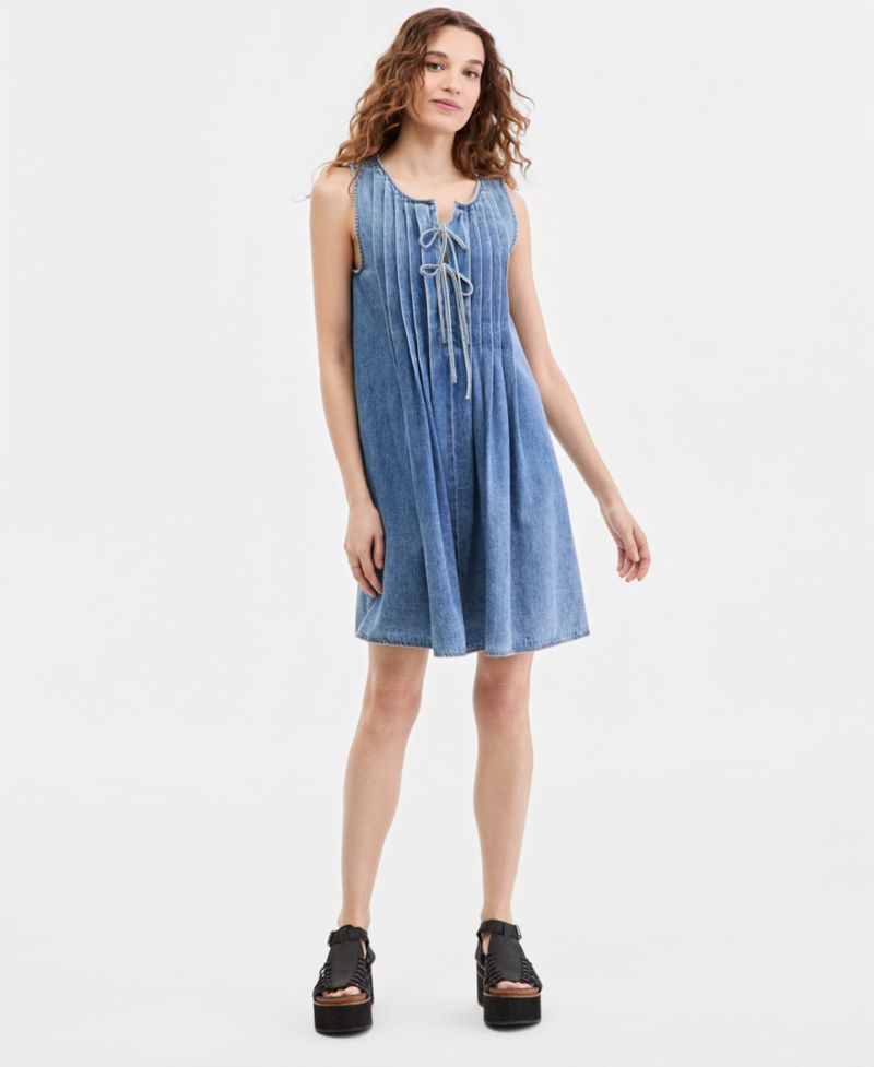 Women's Cotton Pleated Denim Mini Dress