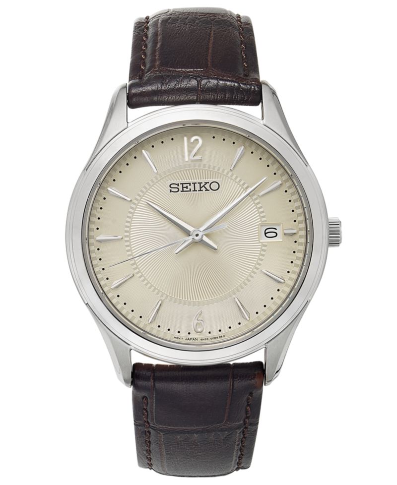 Men's Essential Brown Leather Strap Watch 39.4mm
