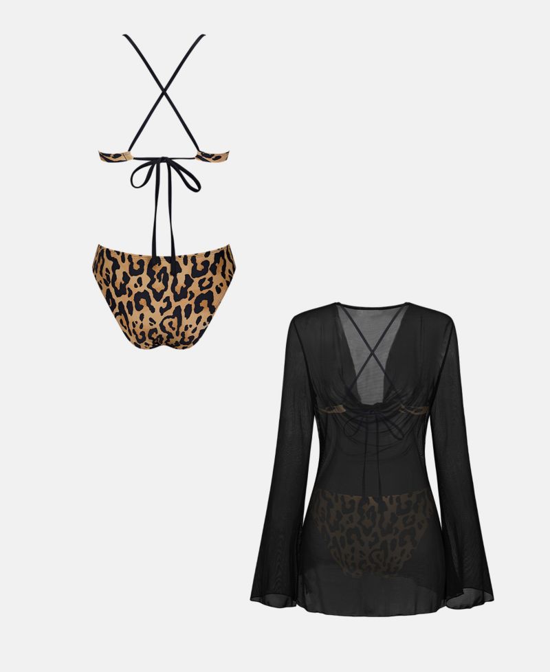 Women's Serene Breeze V-Neck Long-Sleeve Sheer Cover-Up and Bikini Set