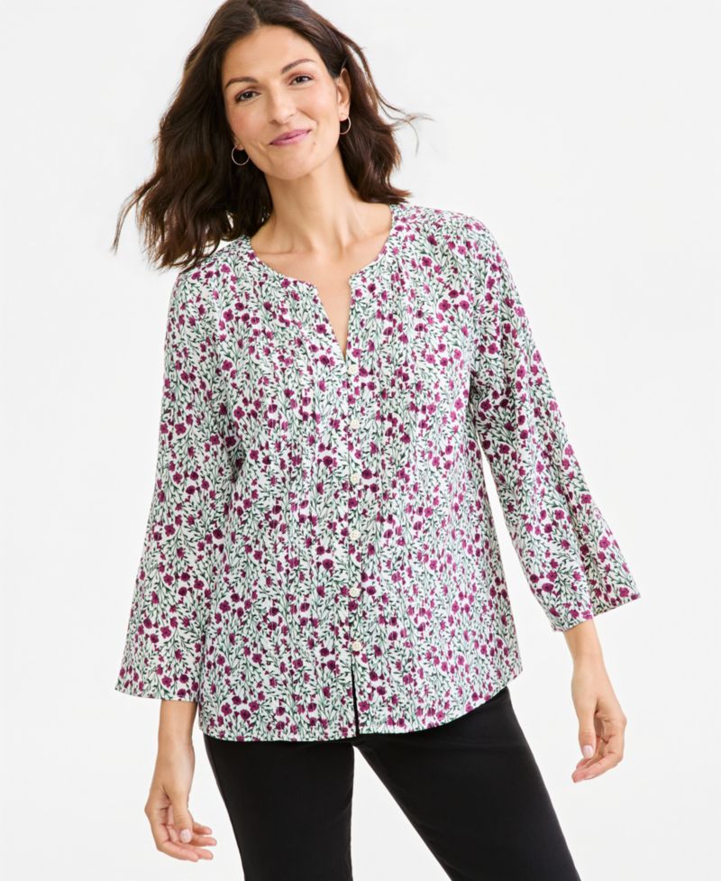 Plus Printed Bell-Sleeve Pintuck Blouse