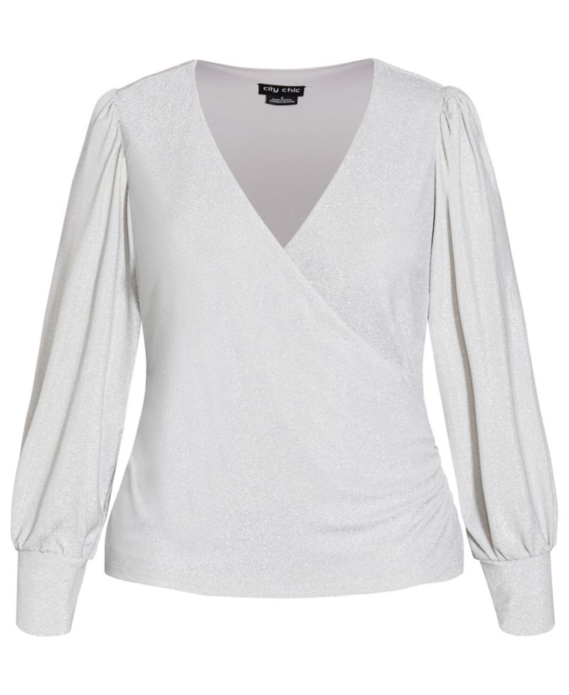 Plus Size Glowing Lurex Long-Sleeve V-Neck Faux-Wrap Blouse