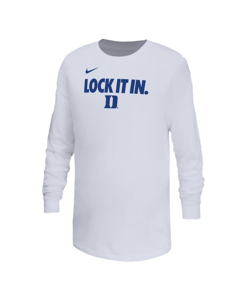 Big Boys and Girls White Duke Blue Devils On-Court Bench Legend Dri-FIT Long Sleeve T-Shirt