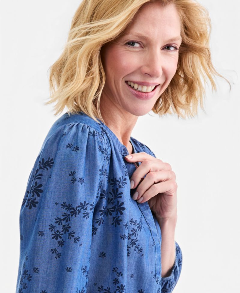 Women's Printed Chambray Split Neck Blouse