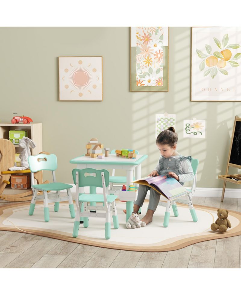 Kids Table and Chair Set Height Adjustable 5 Piece Toddler Table Set with Storage Box Easy Clean Activity Table with 4 Chairs for 18M 5Y Green