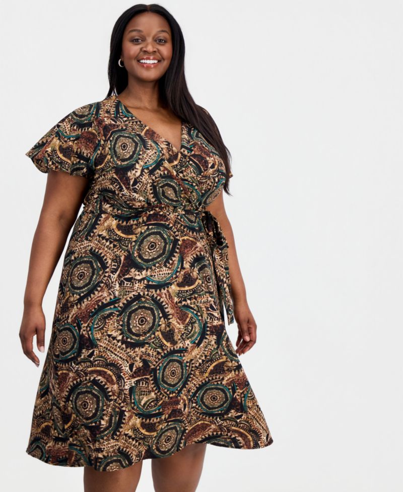Plus Size Printed Faux-Wrap Flutter-Sleeve Dress