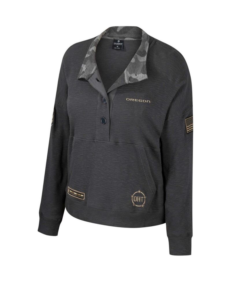 Women's Heather Charcoal Oregon Ducks OHT Military Appreciation Payback Henley Thermal Sweatshirt