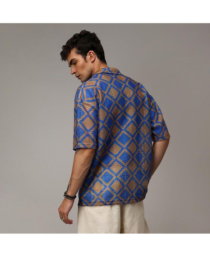 Men's Royal Blue & Mocha Brown Geometric Block Oversized Shirt