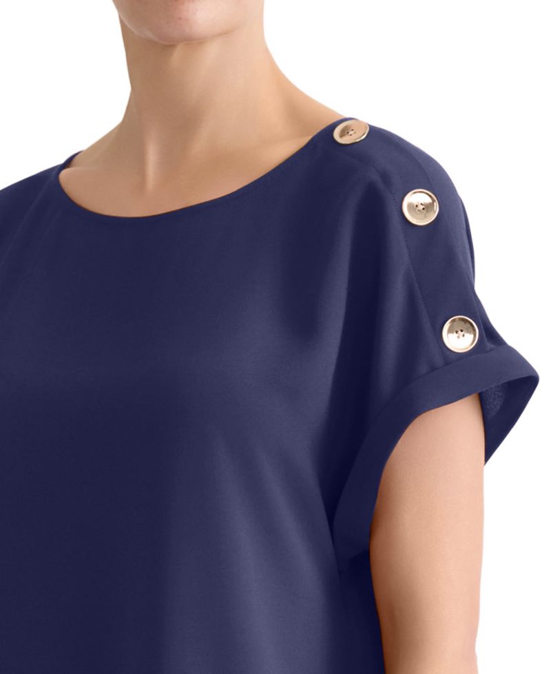 Petite Shoulder-Button-Detail Boat-Neck Short-Sleeve Blouse