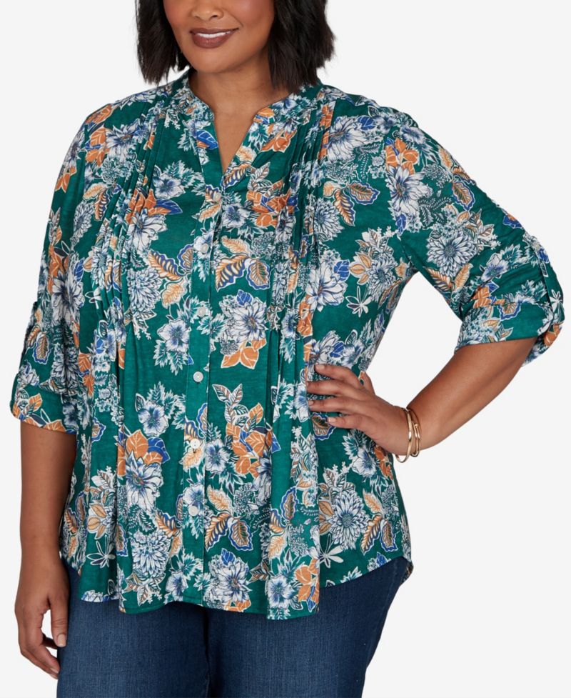 Plus Size Kensington Henley 3/4-Sleeve Floral Blouse