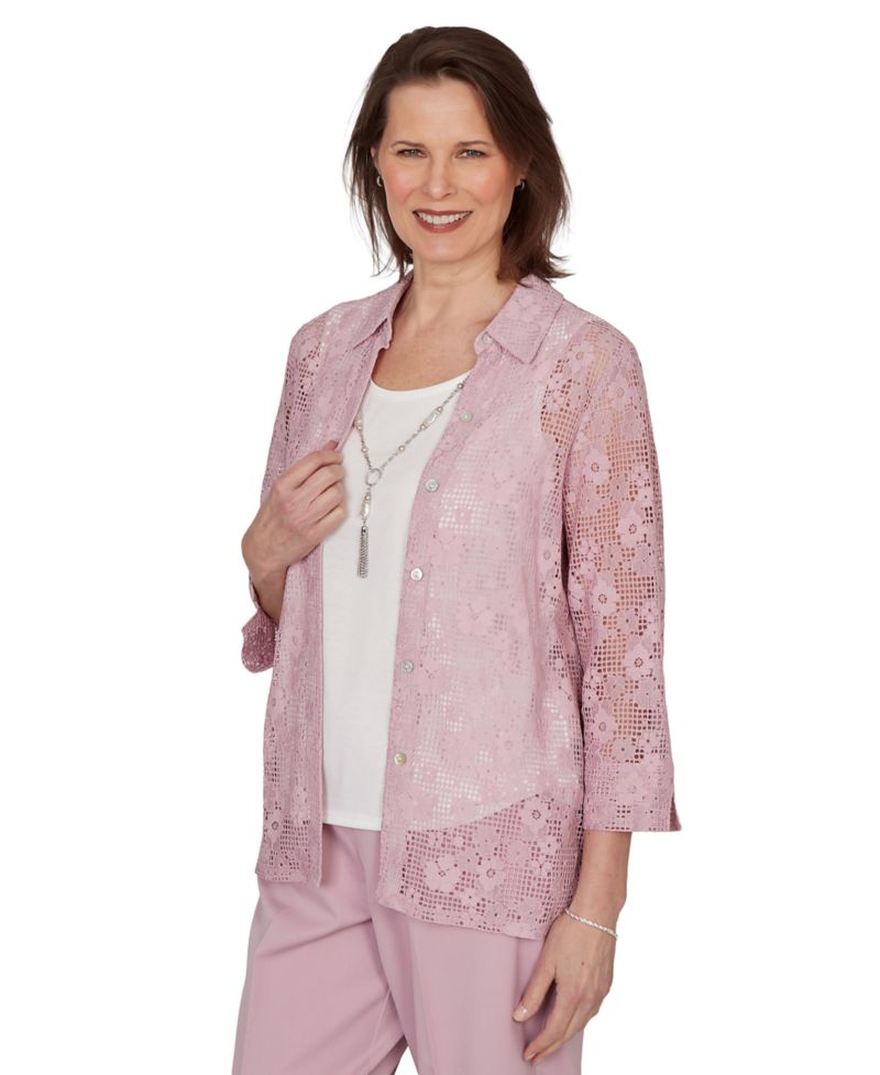 Petite Charm Floral Lace Two-In-One Collared Top with Necklace