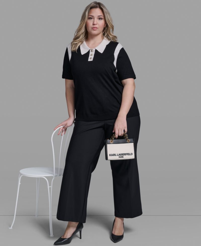 Plus Size Solid Short-Sleeve Polo Sweater