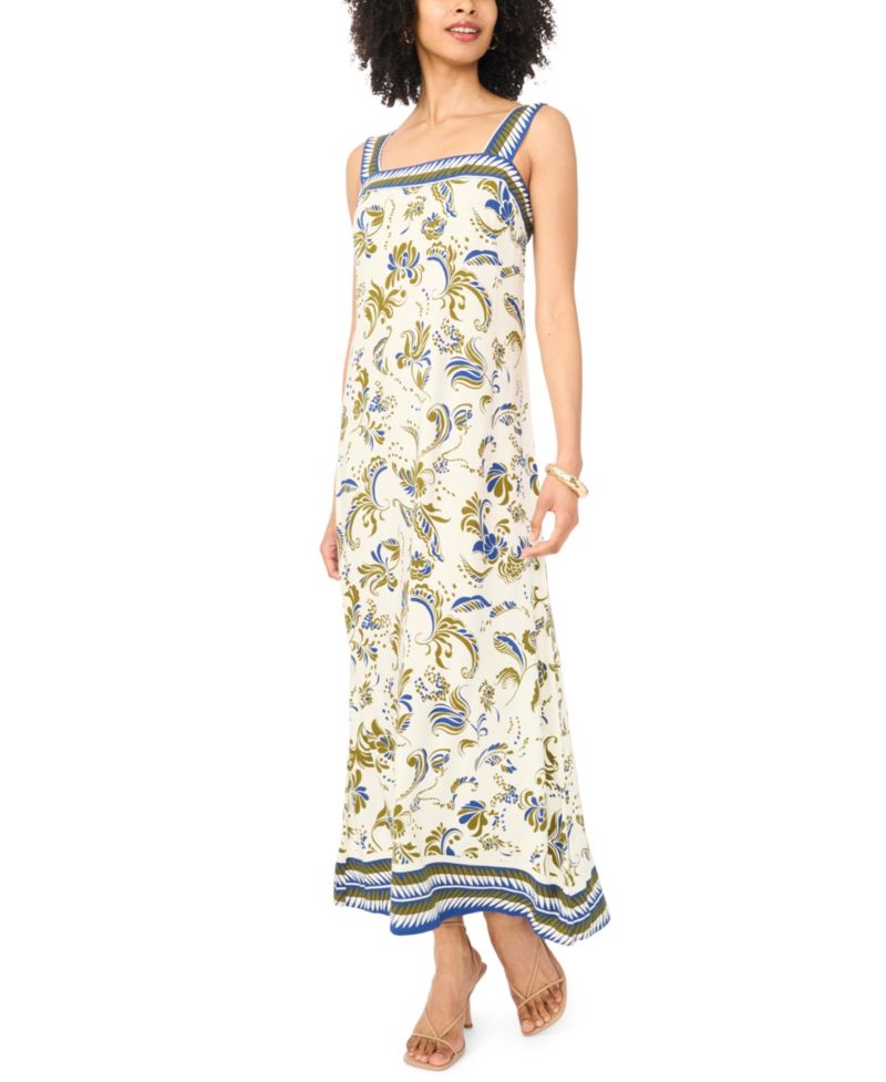 Women's Printed Square-Neck Smocked-Back Sleeveless Maxi Dress