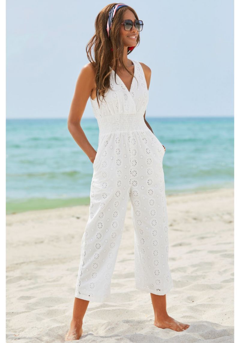 Women's Cotton Sleeveless Eyelet Smocked Jumpsuit
