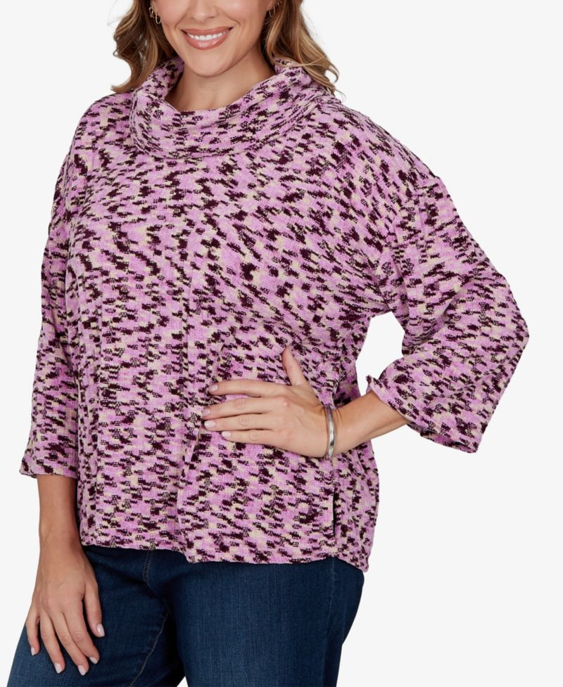 Plus Size Cowl Neck 3/4-Sleeve Spacedye Knit Top