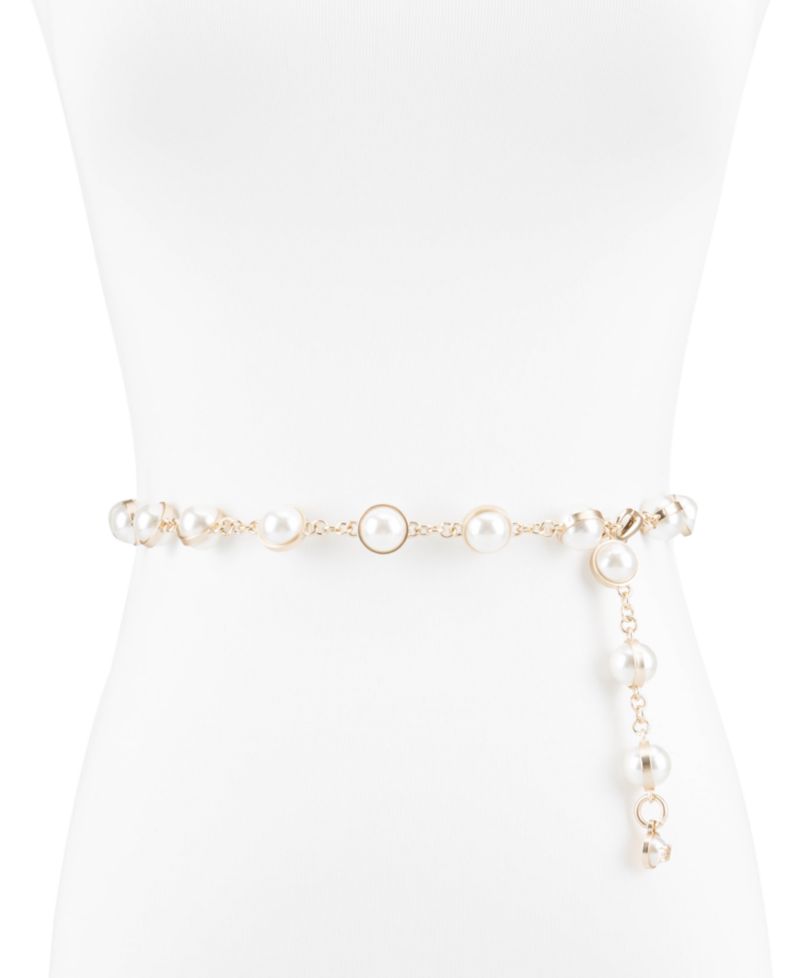 Women's Imitated Pearl Embellished Gold-Tone Chain Dress Belt