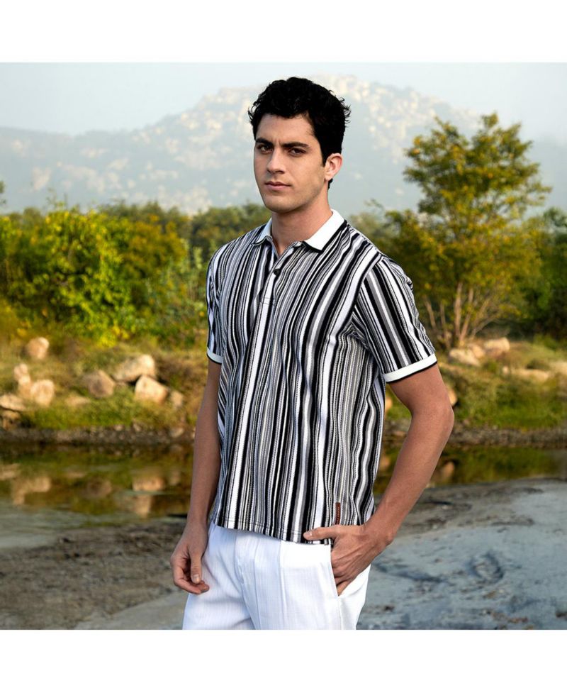 Men's Cream White and Midnight Black Multitrack Knit Polo T-Shirt