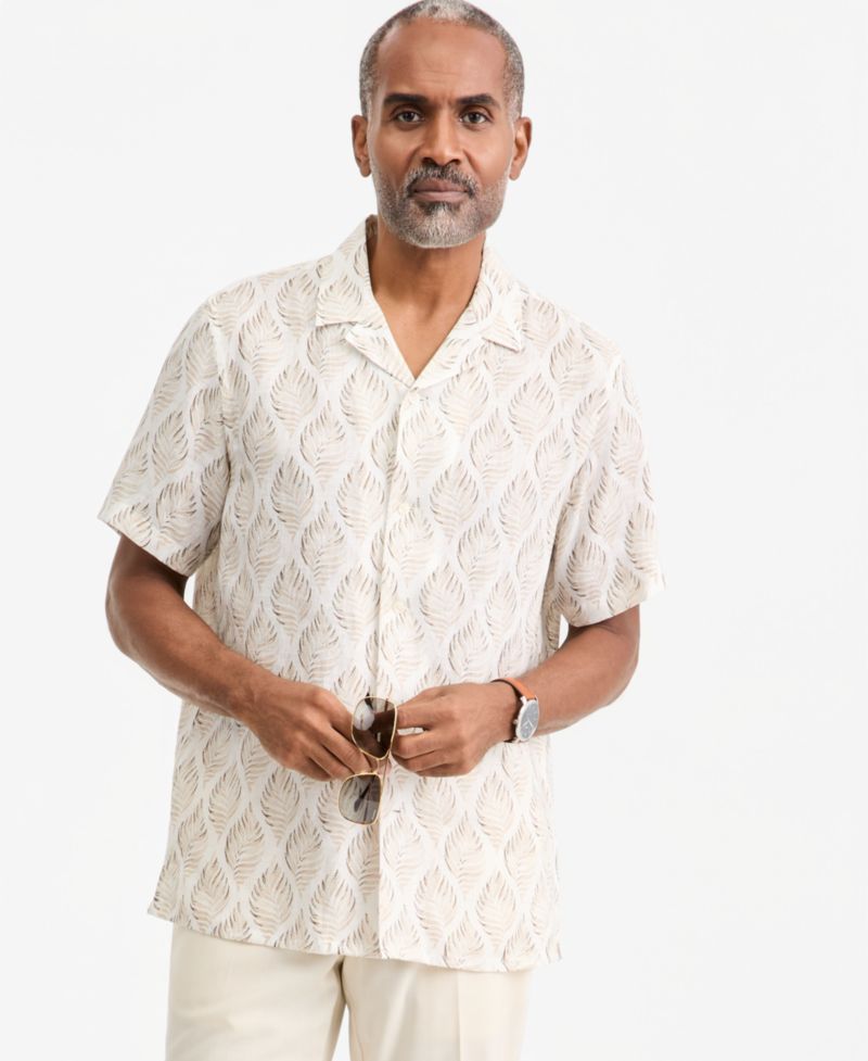 Men's Linen Leaf-Print Short-Sleeve Shirt