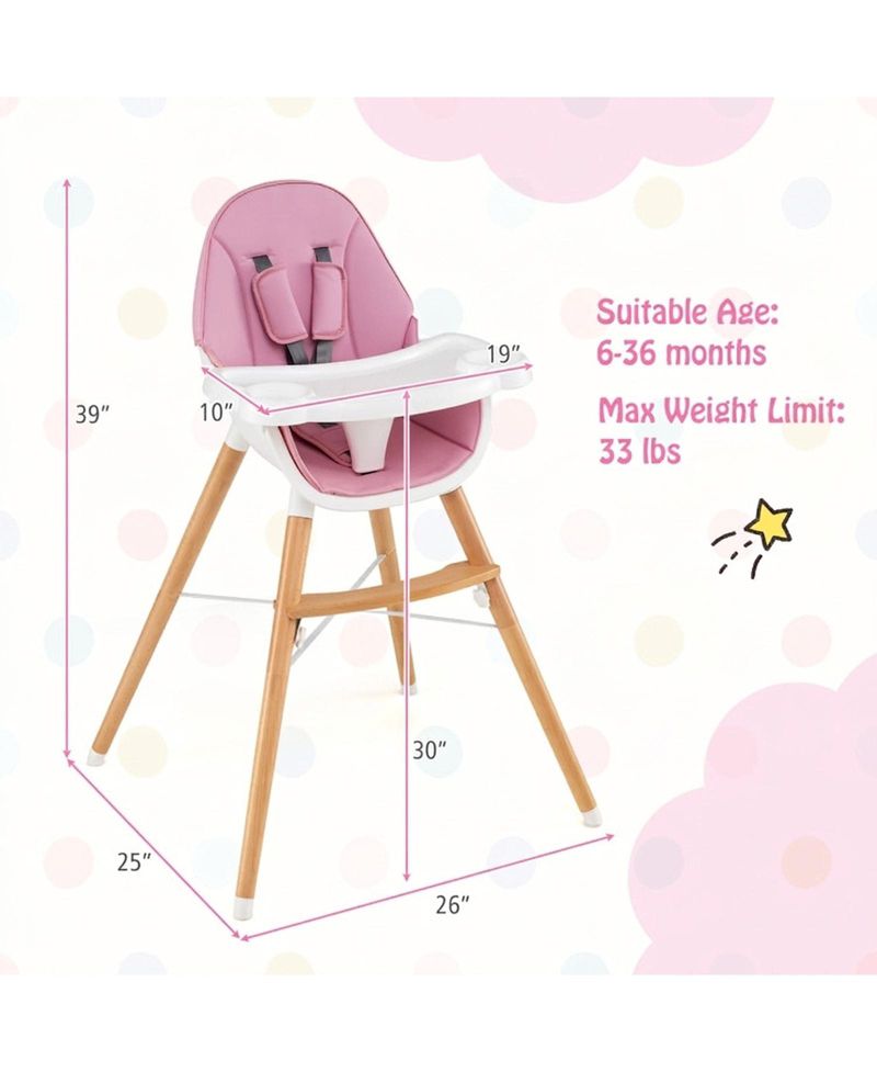 Wooden Baby High Chair with Dishwasher-Safe Tray and 5-Point Harness