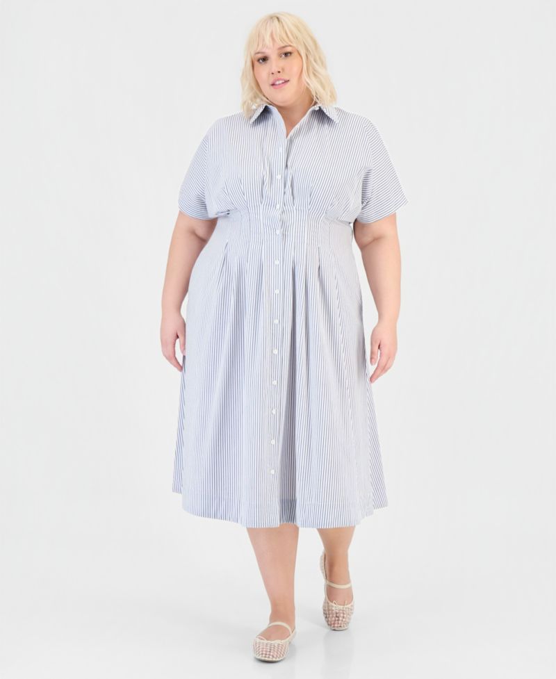 Trendy Plus Size Pinstriped Pleated-Waist Midi Shirtdress