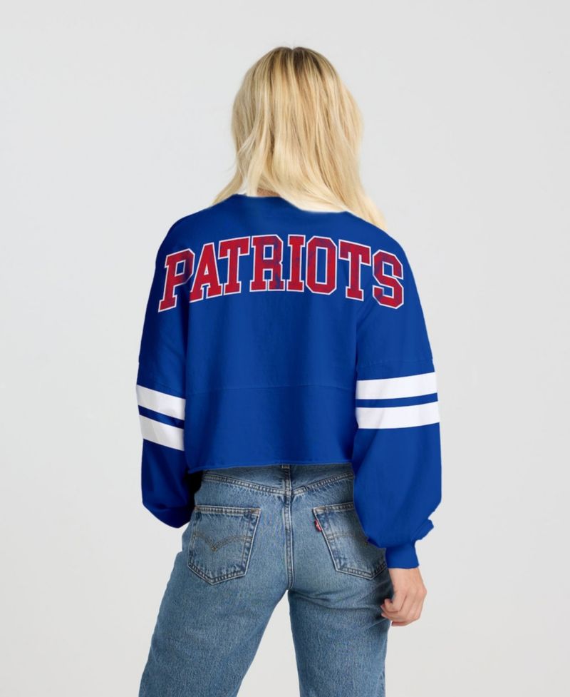 Women's Royal New England Patriots Oversized Cropped Stripe Long Sleeve T-Shirt