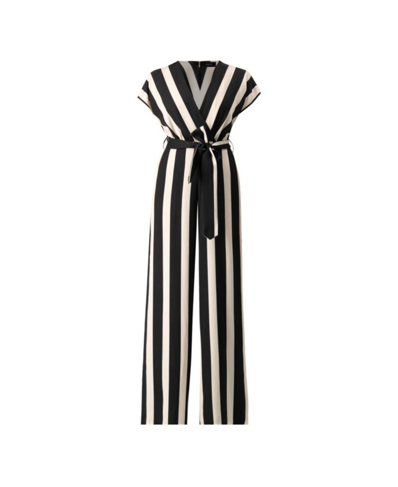Women's Striped V-Neck Jumpsuit with Waist Tie