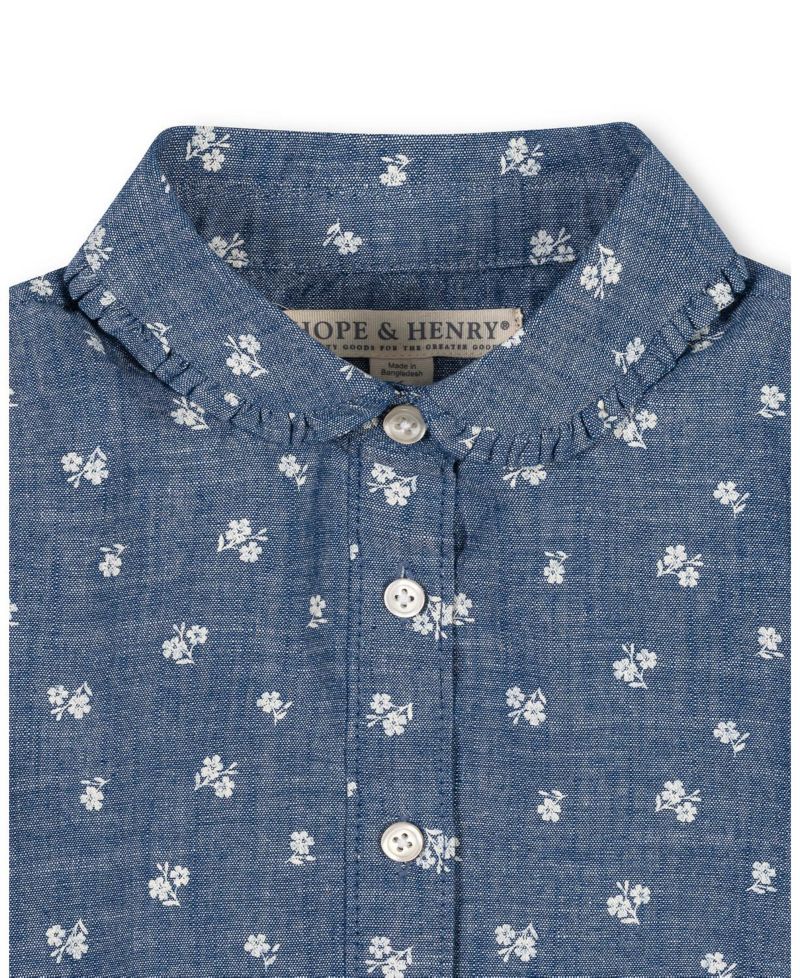 Girls' 4-16 Chambray Peter Pan Collar Puffed Long-Sleeve Blouse