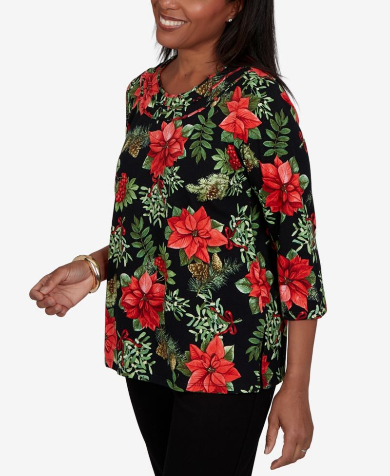 Petite Cardinals On Branches 3/4-Sleeve Floral-Print Top