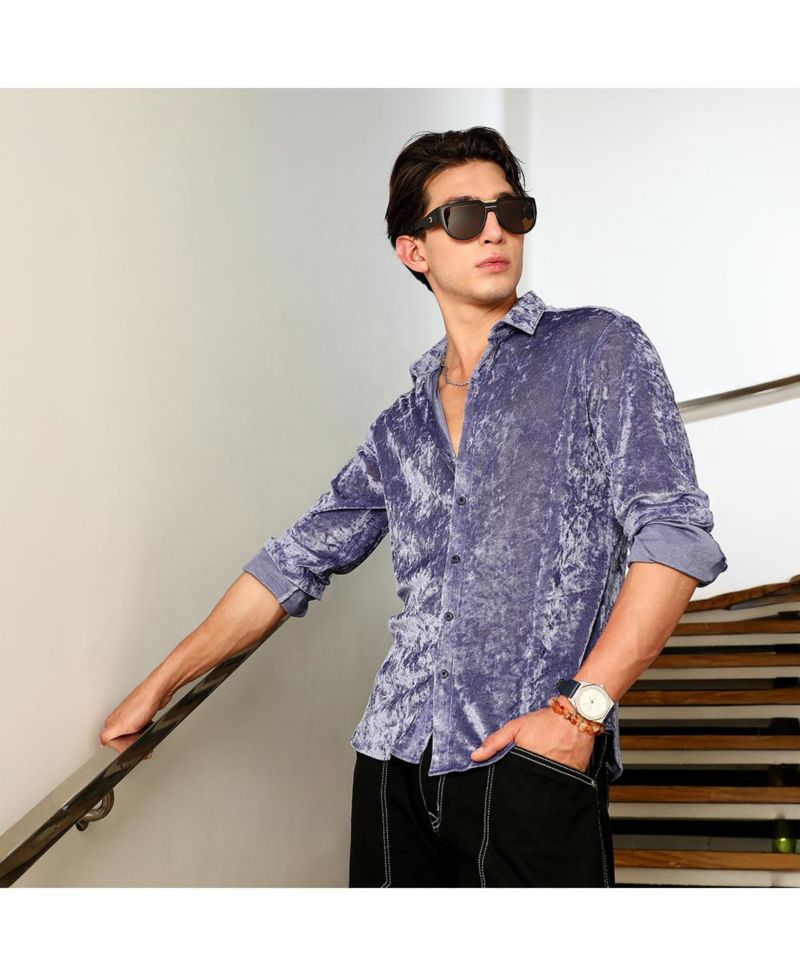 Men's Cornflower Blue Solid Velvet Shirt