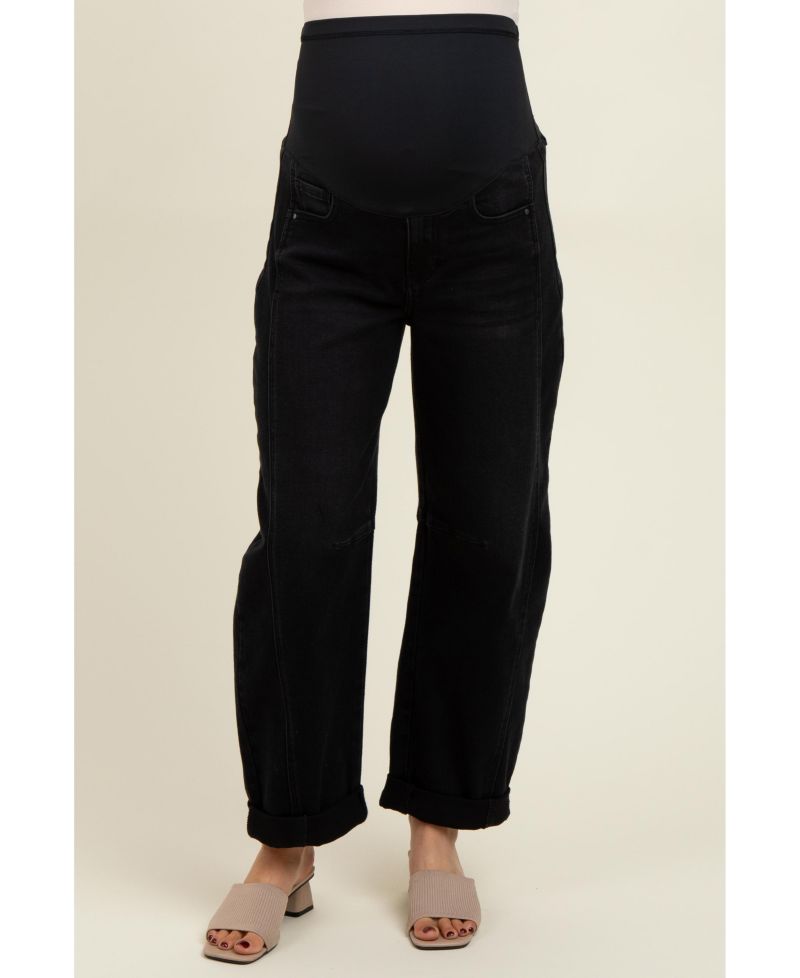 Women's Black Rolled Cuff Barrel Leg Jeans