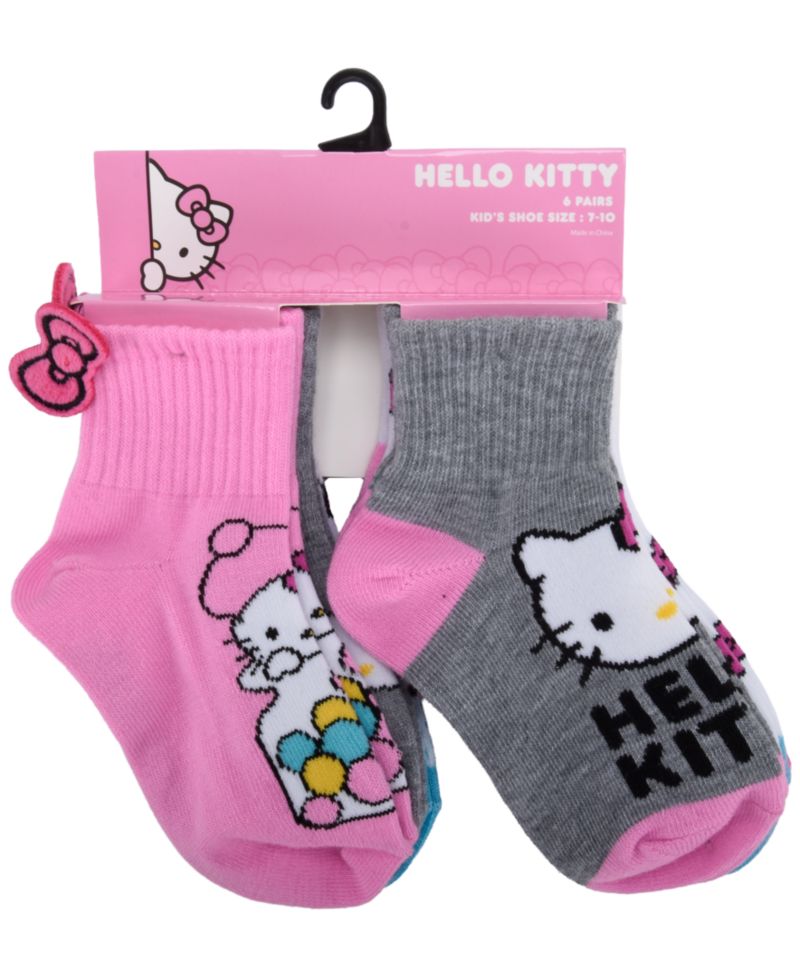 Girls' 4-16 Hello Kitty Ribbed-Cuff Ankle Crew Socks, 6-Pack