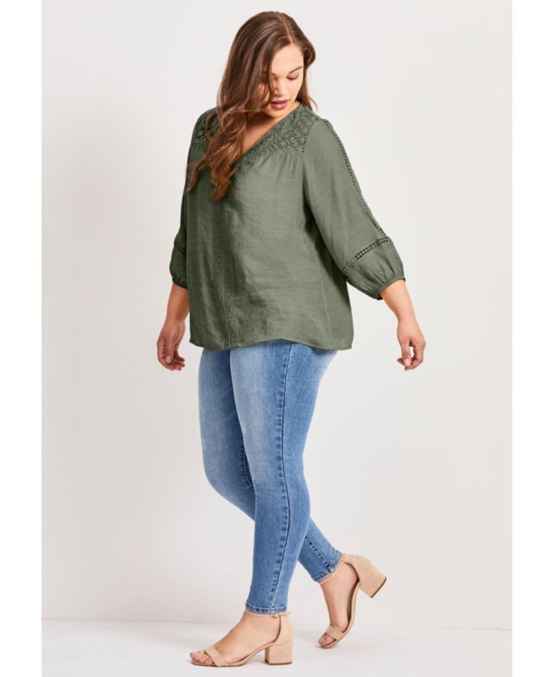 Women's Plus Size Embroidered Lace Detail Peasant Blouse