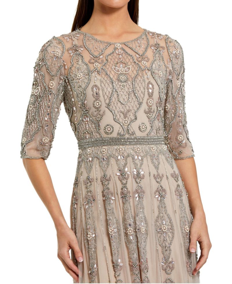 Women's Beige 3/4 Sleeve Embellished A-line Gown
