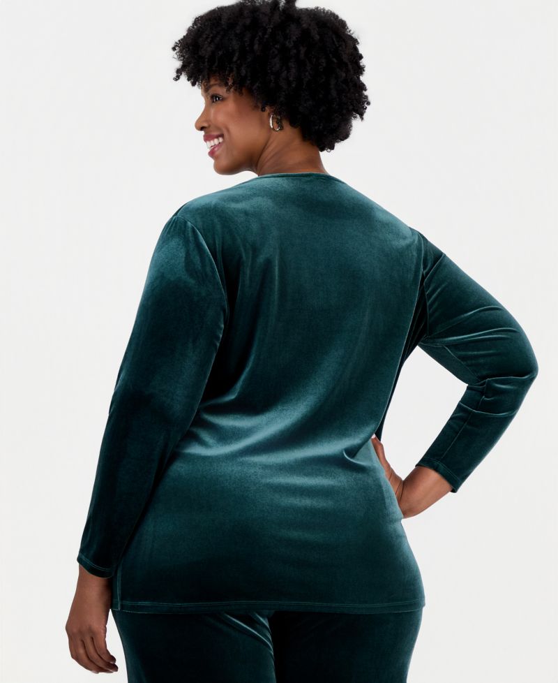 Plus Size Faux-Wrap Velvet V-Neck Blouse