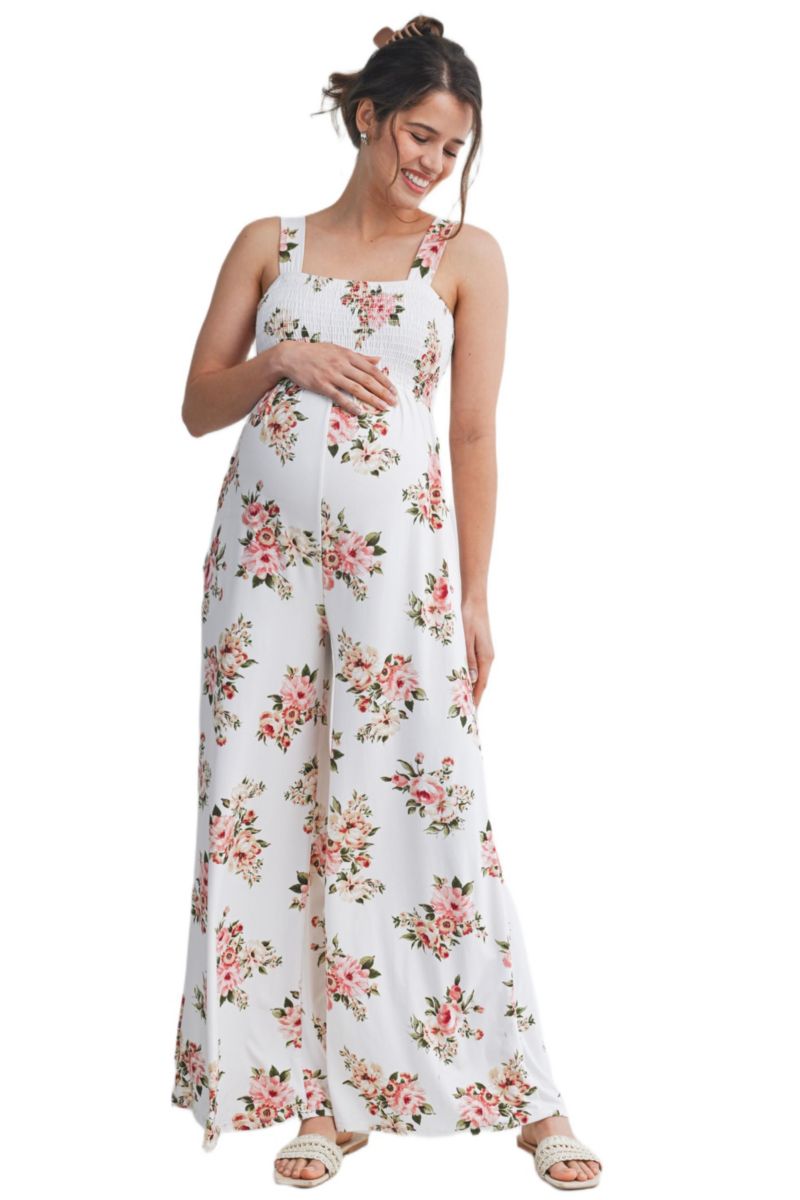 Maternity Floral Smocked Square Neck Wide Leg Jumpsuit with Pockets