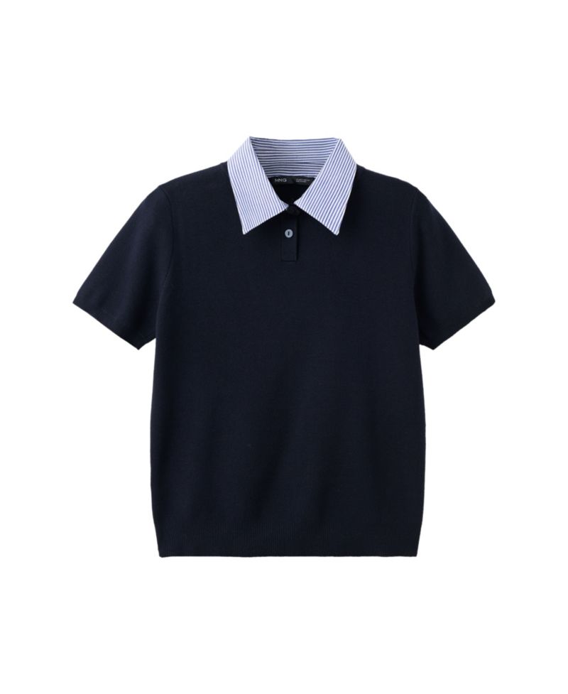 Women's Short-Sleeve Striped Polo Neck Sweater