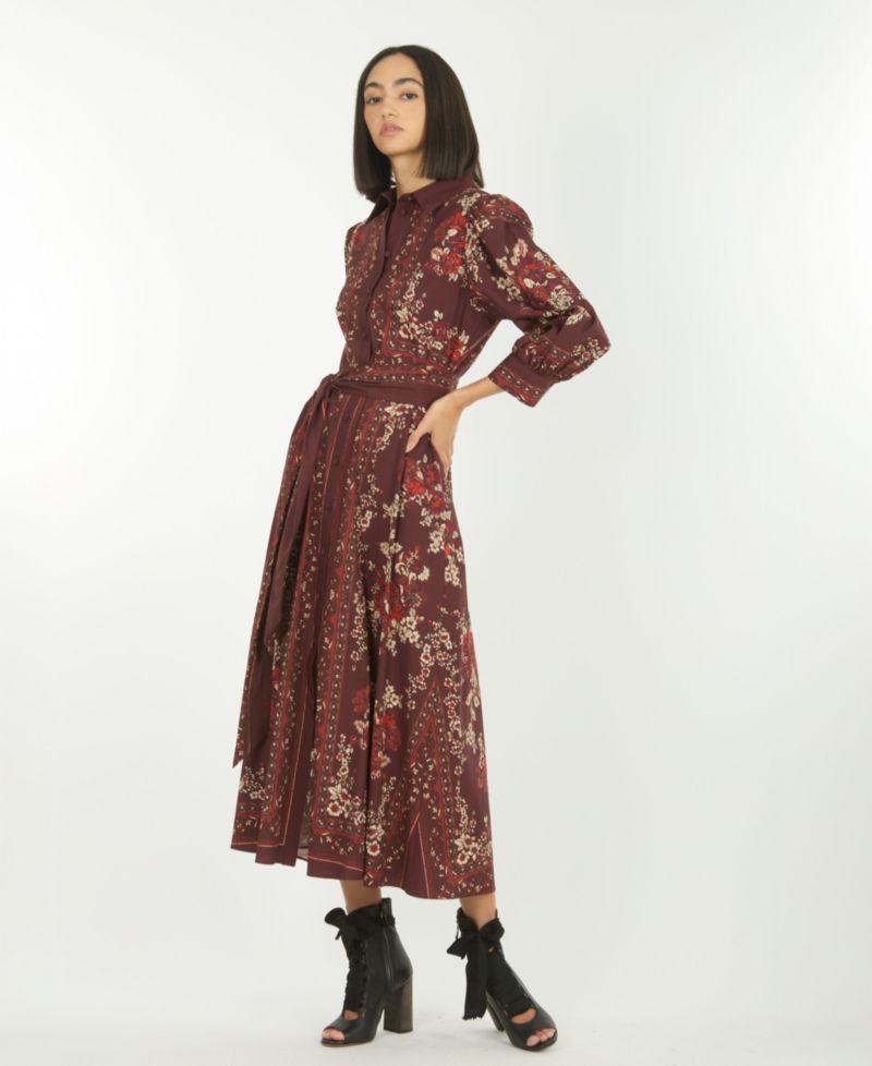 Women's Blaine Floral-Print Puff-Sleeve Belted Midi Shirt Dress