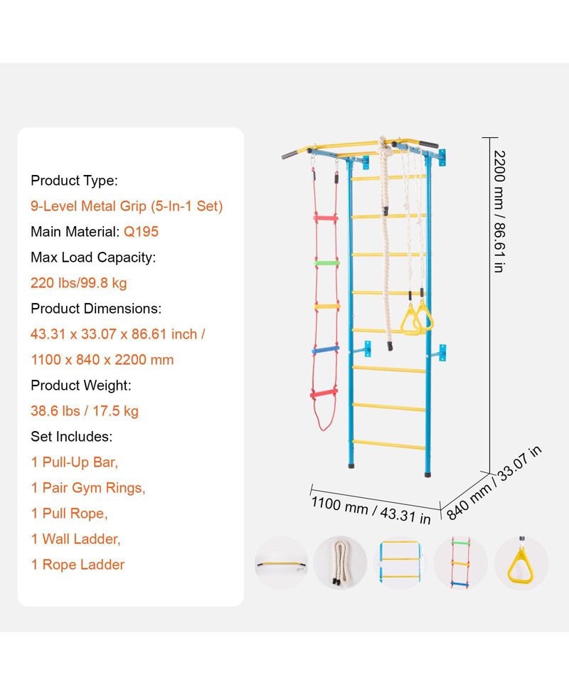 Toddler 5 in 1 Steel Indoor Wall Gym with Climbing Toys Ladder and Swing Set