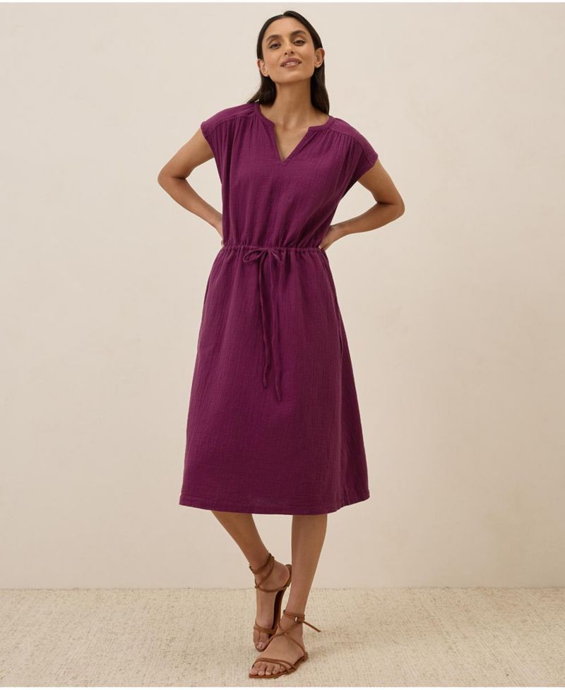Women's Organic Cotton Coastal Double Gauze Tie Waist Midi Dress