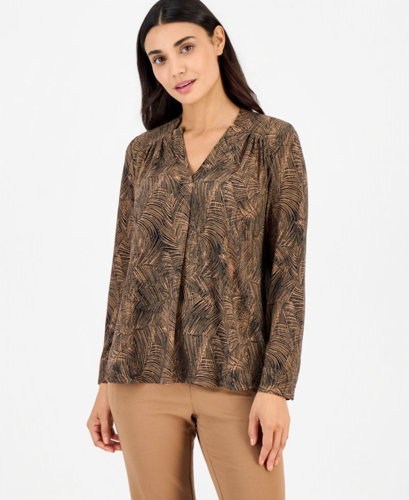 Petite Long-Sleeve Split-Neck Yoke Blouse