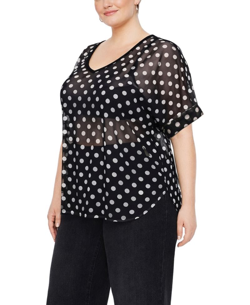 Plus Size Polka Dot Mesh Rolled-Sleeve Top