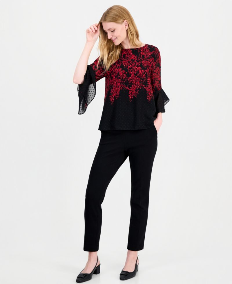 Petite Ruffle-Sleeve Floral Boat-Neck Blouse